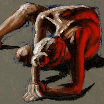 Alla prima fast oil painting sketch of white and red light on posing art model