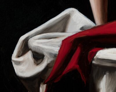detail of brushwork in oil painting of red and white drapery folds