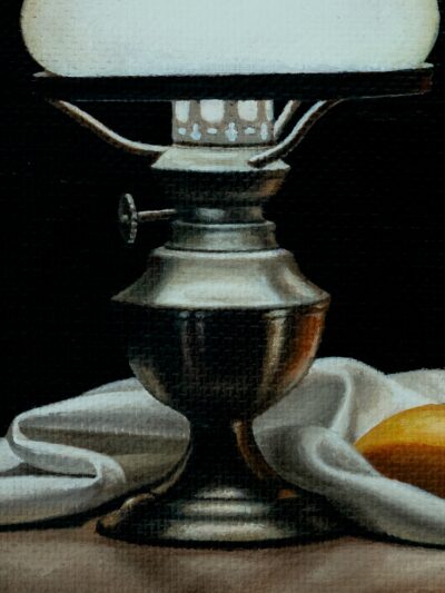 detail of oil painting of lamp burner and glass