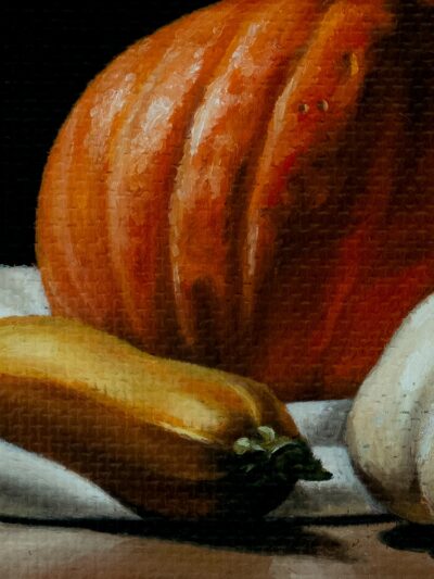detail of oil painting of orange pumpkin and squash