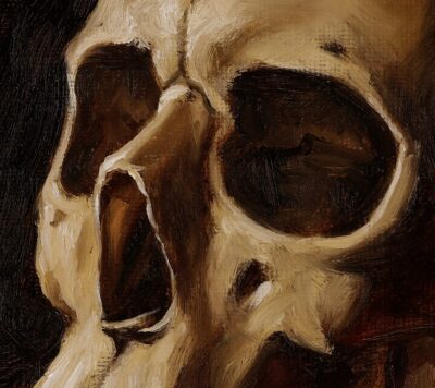detail of oil painting of skull eye sockets and nasal cavity
