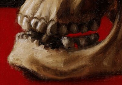 detail of oil painting of skull jaw and teeth