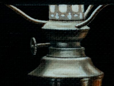 detail of oil painting of vintage metal lamp