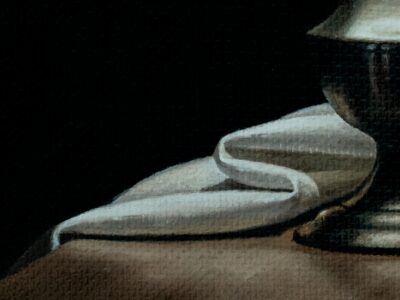 detail of oil painting of white drapery folds