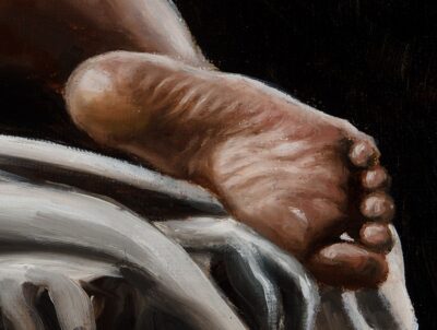detail of oil painting with expressive brushstrokes on foot