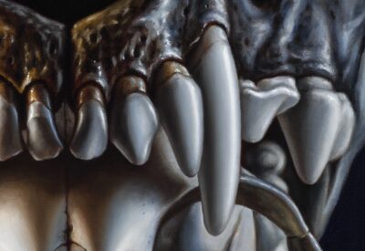 Detailed macro view of teeth and fangs in a dog skull oil painting, realistic shading and fine canvas texture.