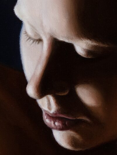 Closeup detail of a portrait painting, highlighting the artistic brushwork and transition of light and shadow.