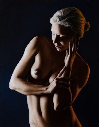 Original figurative oil painting by Trman, featuring dramatic chiaroscuro lighting and fine art aesthetics.