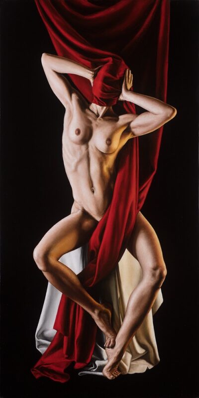 Full-length fine art oil painting of a human figure in a dynamic pose, partially draped in bold red and white fabric. The artwork focuses on anatomical precision and the classical contrast of light and shadow (chiaroscuro) against a dark background, showcasing a modern take on traditional figurative art.