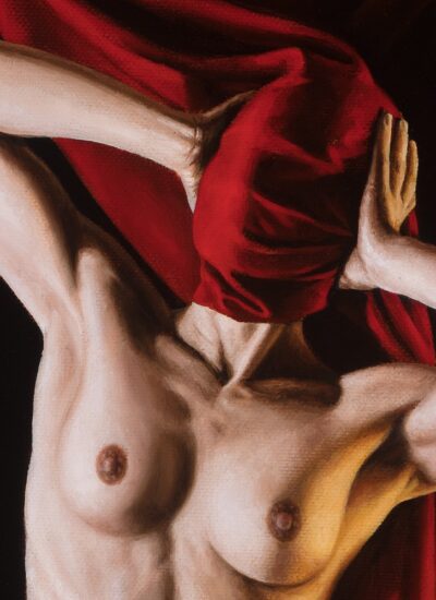 Fine art oil painting of a female torso with dramatic red drapery. The composition focuses on the contrast between the vivid red fabric covering the head and the realistic skin tones of the upper body. A classical study of form, light, and shadow in a contemporary figurative style