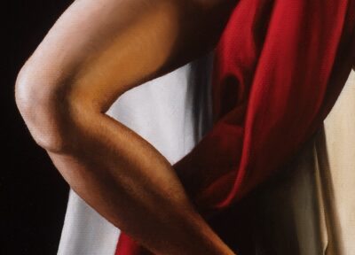 fine art painting of human leg anatomy and dynamic drapery detail