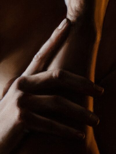 Detailed anatomical study of a hand in a figurative oil painting, featuring dramatic chiaroscuro lighting and realistic textures