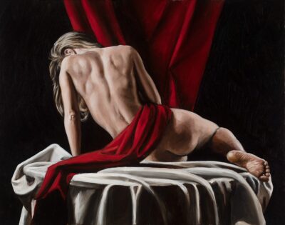 Fine art oil painting with an asymmetrical composition of a human figure, where side lighting emphasizes the plasticity of back musculature and contrasts with organic folds of red drapery.