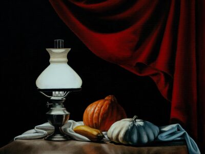 oil painting of still life with oil lamp and pumpkins