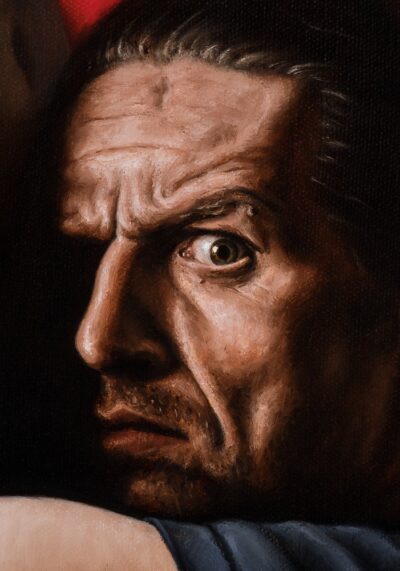 Face detail and expressive mimicry on the autoportrait oil painting The Mad Painter