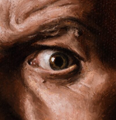Close-up of an eye and expressive brushwork textures on the autoportrait oil painting.