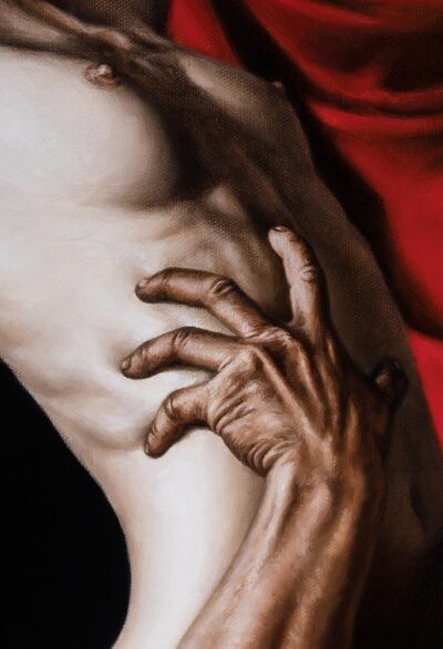 Detail of skin tones, hand anatomy, and brushwork on The Mad Painter oil painting