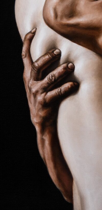 Detail of a hand gripping the body, skin tones, and anatomy on The Mad Painter oil painting