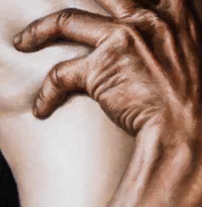 Macro detail of hand fingers, skin tones, and brushwork texture on The Mad Painter oil painting