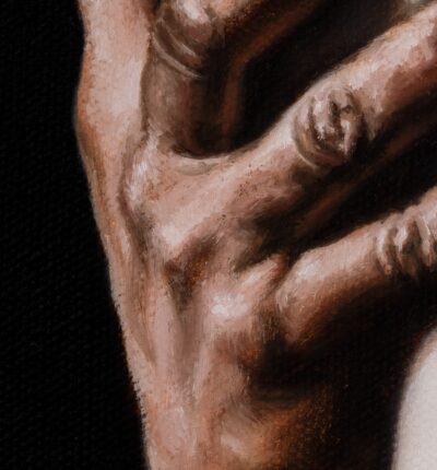 Detail of hand joints, skin texture, and expressive brushwork on oil painting