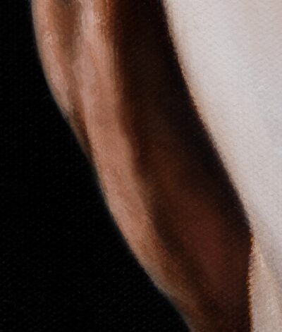 Detail of skin tone range and shadow transitions on The Mad Painter oil painting