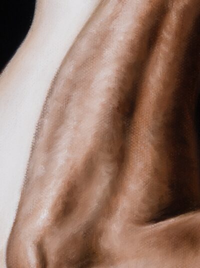 Detail of paint texture and skin tone range on oil painting