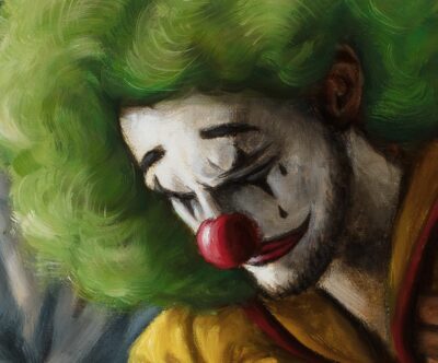 A detailed view of a melancholy clown face with green hair from an oil painting by Tomas Trman Rucker, radiating profound sorrow.