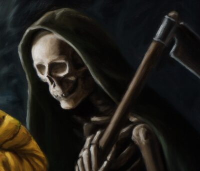 A detailed close-up of the Grim Reaper character with a scythe, an oil painting by Tomas Trman Rucker.