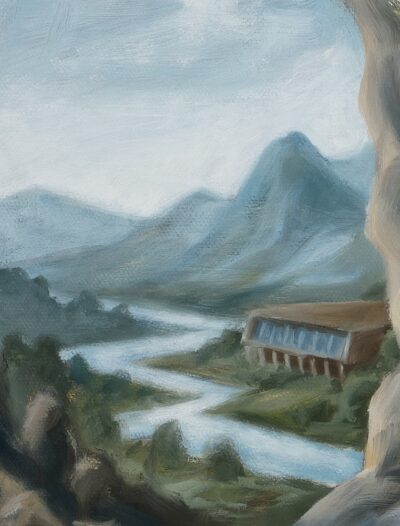 A detailed view of a painted landscape with a river and a building, an oil painting by Tomas Trman Rucker.