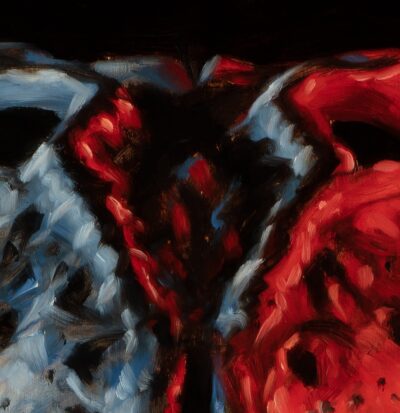 Close-up oil painting by Tomas Trman Rucker, capturing expressive red and blue color transitions in the upper section of the crocodile skull.