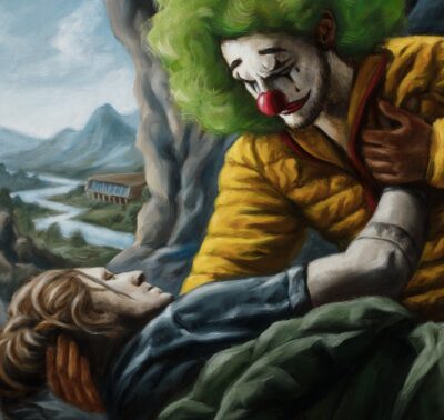 Oil painting detail by Tomas Trman Rucker capturing a moment of profound empathy and sadness between a clown and a reclining figure.