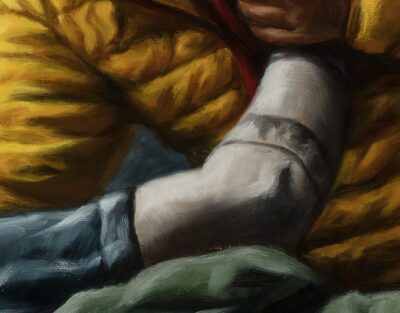 Oil painting detail by Tomas Trman Rucker capturing the tattooed arm of a reclining figure and the contrasting yellow quilted jacket worn by the clown.