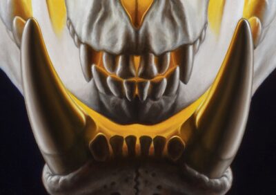 Close-up oil painting detail of tiger and langur teeth by Tomas Trman Rucker, highlighted by an intense inner golden glow.