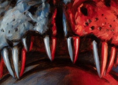 Close-up detail of oil painting texture by Tomas Trman Rucker, showcasing expressive brushstrokes and paint layering on predatory teeth.