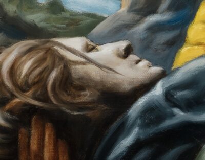 Macro detail of the face of the reclining figure in an oil painting by Tomas Trman Rucker, showcasing faded skin tones and visible brushstrokes.