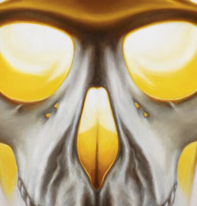 Macro oil painting detail of a langur skull by Tomas Trman Rucker, capturing radiant golden light glowing from the eye sockets.