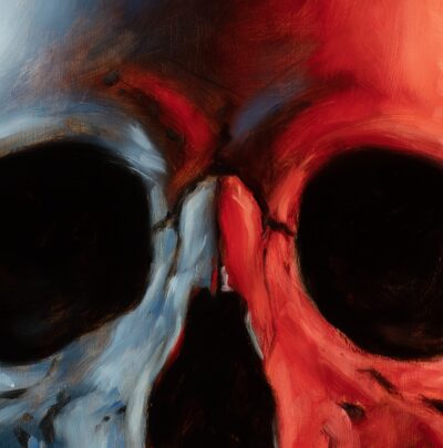 Close-up oil painting by Tomas Trman Rucker, focusing on skull eye sockets with a bold contrast of red and blue lighting.