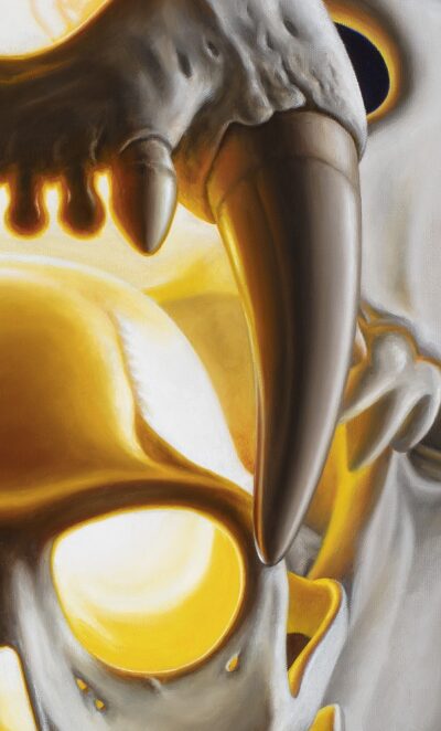 Macro oil painting detail by Tomas Trman Rucker, focusing on the texture of a tiger fang illuminated by radiant golden light.