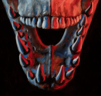 Close-up oil painting of a predatory jaw by Tomas Trman Rucker, featuring expressive brushstrokes and high-contrast red and blue colors.