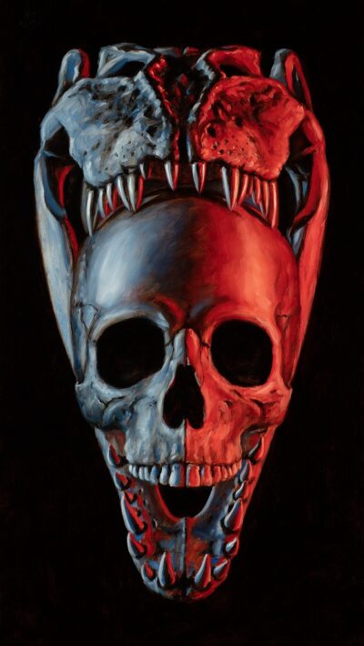 Oil painting by Tomas Trman Rucker featuring a human skull with a predatory jaw in contrasting red and blue lighting on a black background.