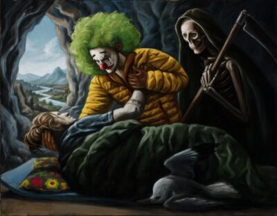 Oil painting by Tomas Trman Rucker depicting a clown with green hair and a skeleton in a cloak beside the bed of a dying figure in a cave with a landscape view.