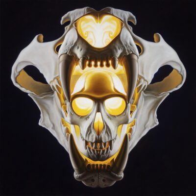 Oil painting by Tomas Trman Rucker depicting a tiger skull gripping a langur monkey skull, with an internal glowing golden light on a black background.